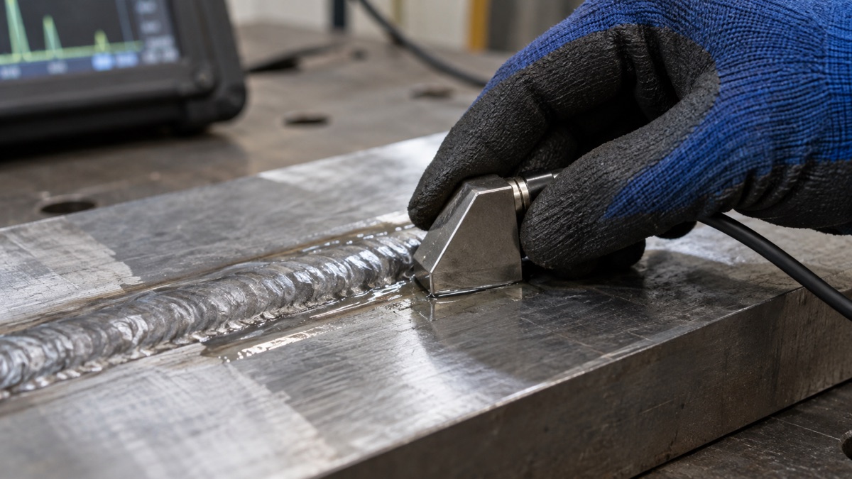 Преобразователь ультразвукового дефектоскопа на подготовленной зоне сварного соединения